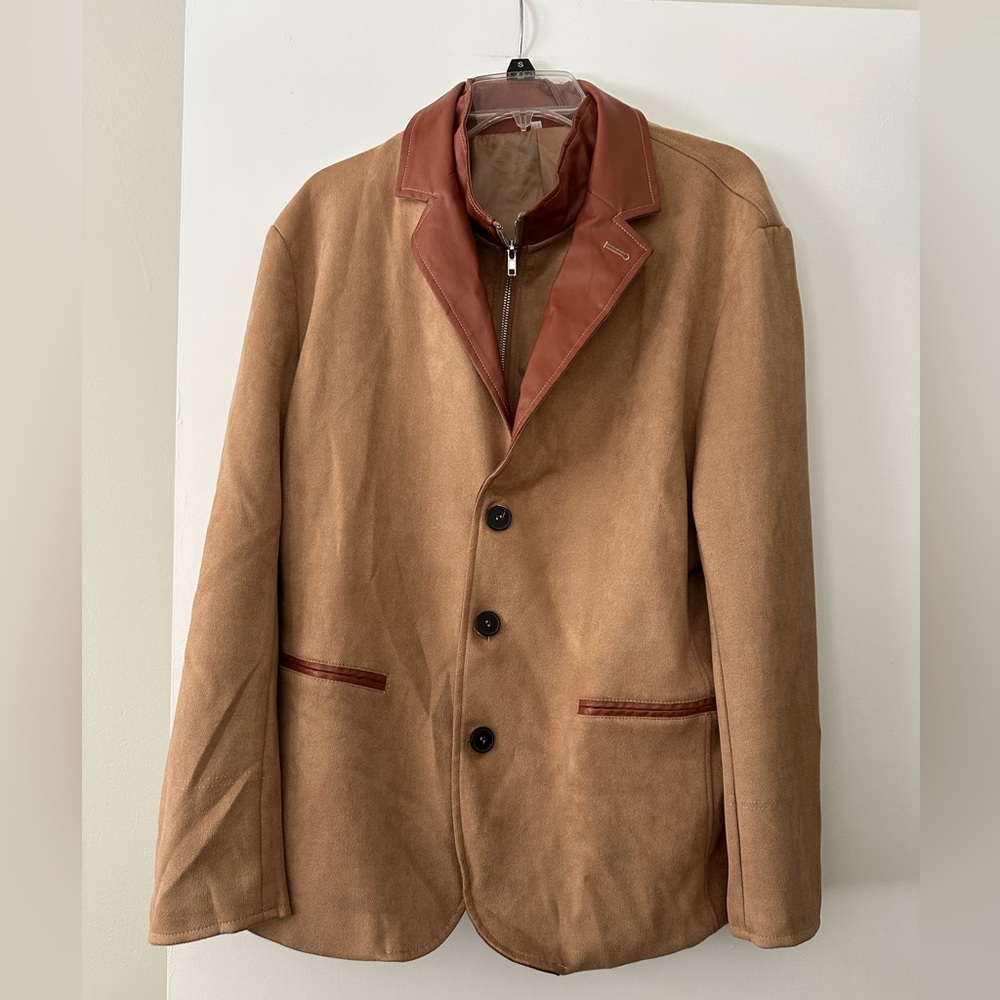 Men’s Size M Tan and Brown Suede Blazer with Faux Leather Accents